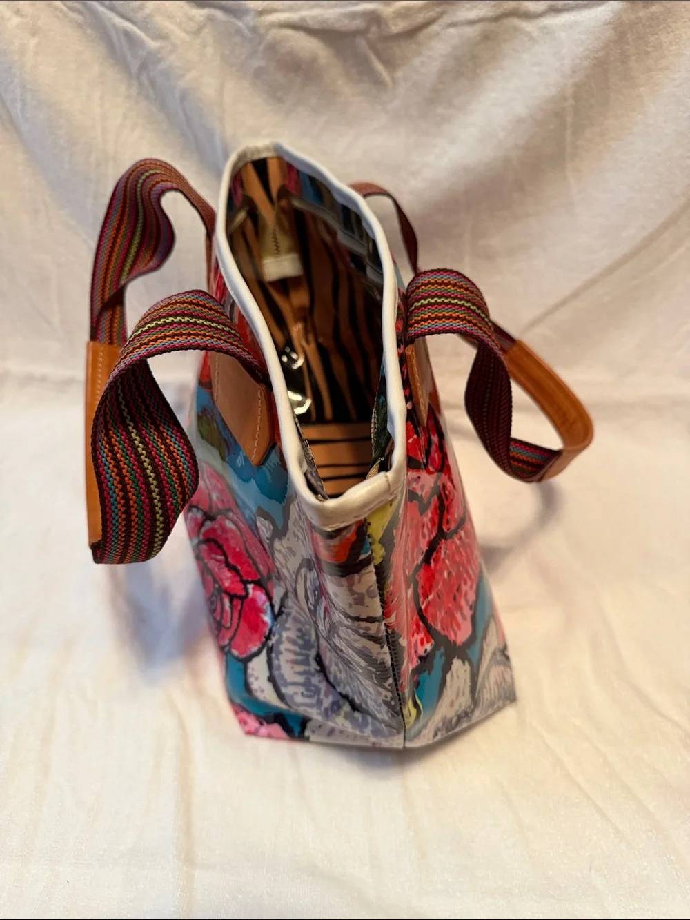 Consuela Painted Floral Canvas Tote with Striped Web Handles.